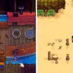 stardew valley split image showing willys boat next to image of player on south beach of ginger island