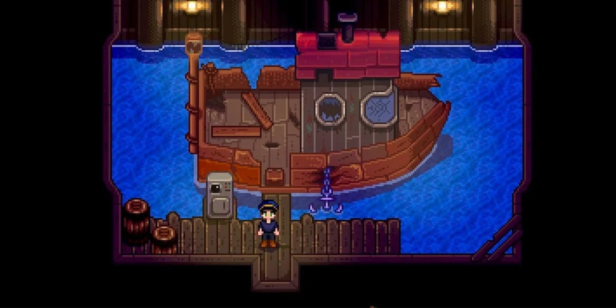 player standing near boat to ginger island before repairs in Stardew Valley