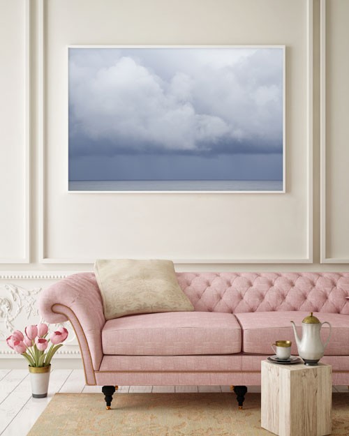 Wall Art Size Guide: Summer Storm No 2 above couch by Cattie Coyle Photography