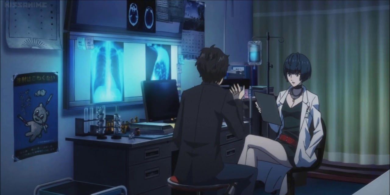 Joker and Takemi speaking in Takemi's clinic during a Persona 5 Royal confidant scene