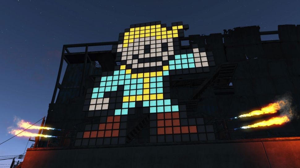 Vault Boy thumbs up in Fallout 4 settlement context