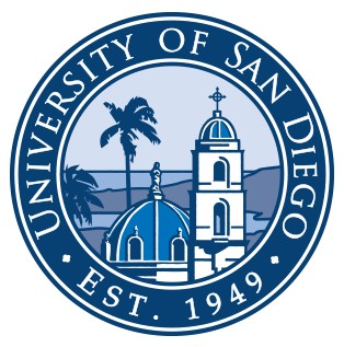 The logo of the University of San Diego, established in 1949, featuring a domed building, a bell tower, and palm trees within a circular blue emblem.