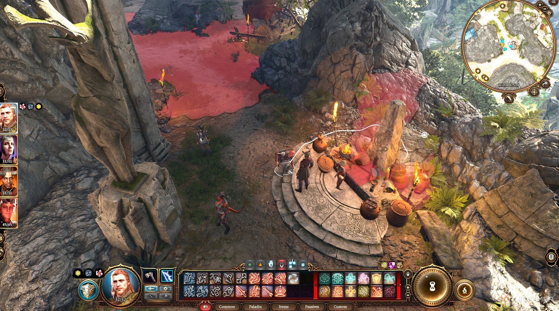 The stealth interface in Baldur's Gate 3, highlighting the red vision cone of NPCs which players must avoid to remain undetected while pickpocketing.