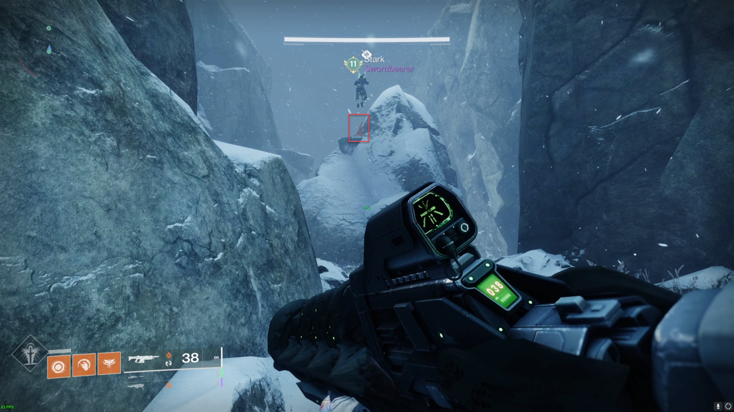 A Guardian traversing a snow-laden path in the Warlord’s Ruin dungeon of Destiny 2, guided by a red flag.