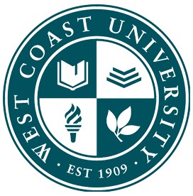 A teal-colored emblem of West Coast University featuring four symbols: an open book, stacked books, a torch, and a branch, with 