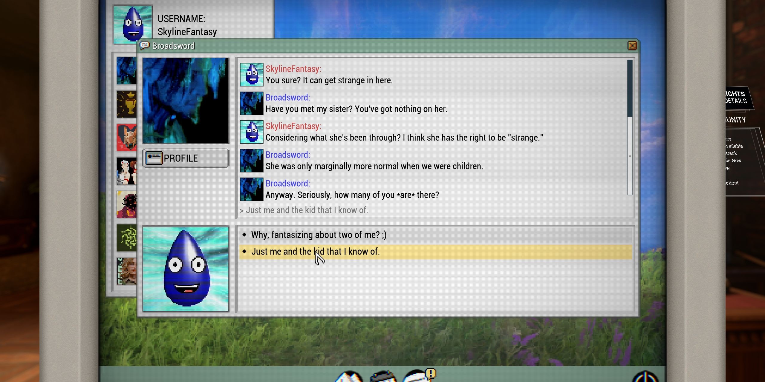 KIM Chat interface in Warframe 1999 showing conversation with Arthur Nightingale, illustrating the romance system.