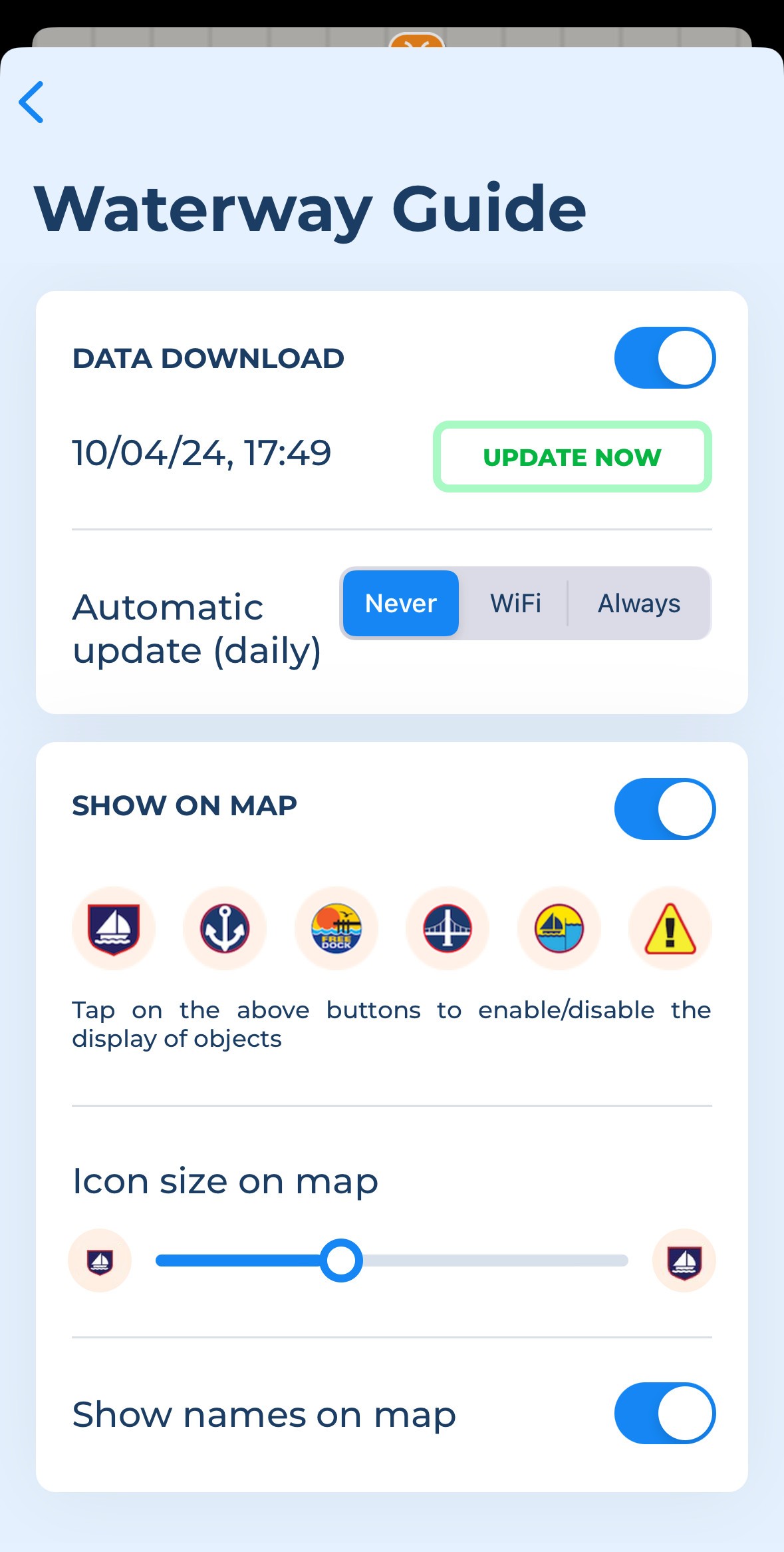 Waterway Guide Settings Page in Aqua Map