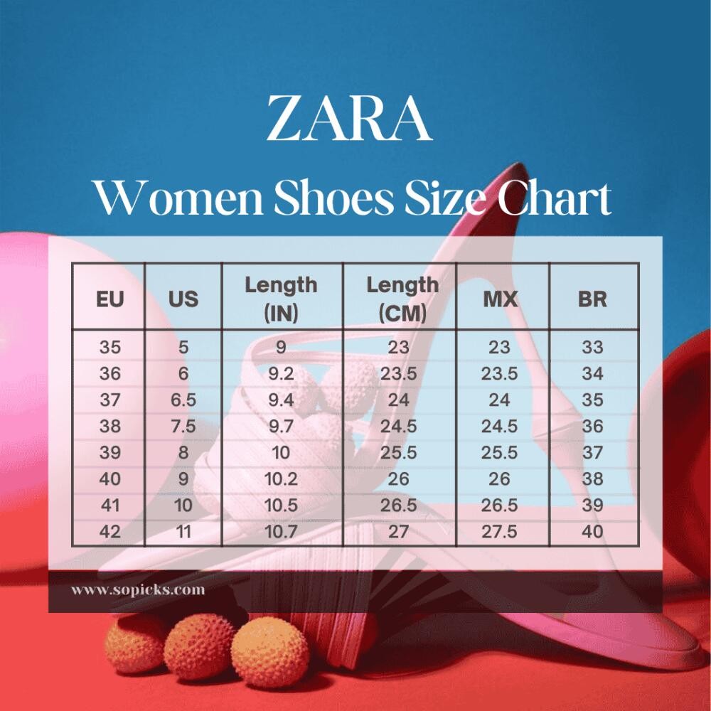 Zara Women's Shoe Size Chart with EU, US, MX, and BR sizes and corresponding foot lengths in inches and centimeters.