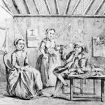 Engraving of a doctor speaking with patients about abortion from 1754, showing early medical discussions on the procedure